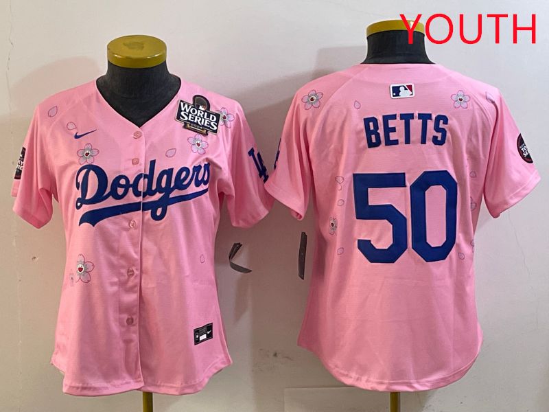 Youth Los Angeles Dodgers #50 Betts Pink Sakura Edition 2025 Nike MLB Jersey style 7